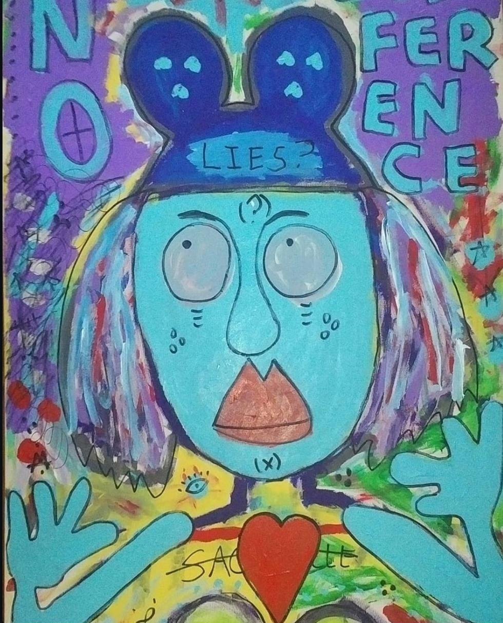 Painting titled No Reference: a blue faced figure wearing mouse-like ears with the words No Reference scrawled across the canvas