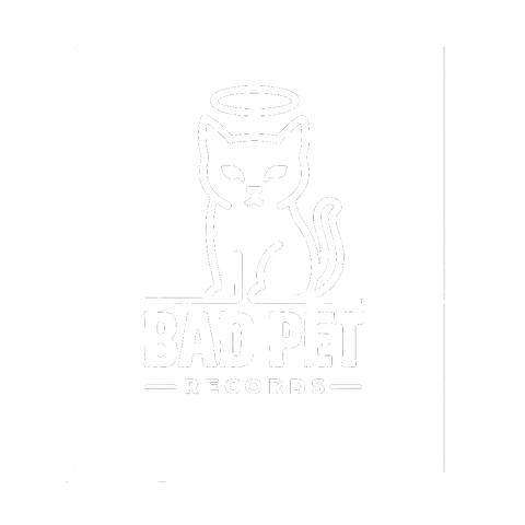 Bad Pet Records logo, a line drawing of a cat with a halo above the words Bad Pet Records