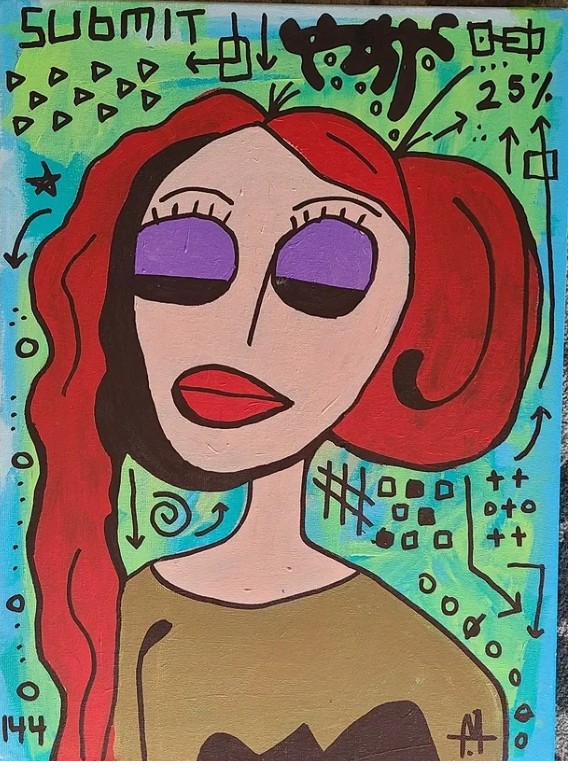 Painting titled Submit, a red haired figure with purple eyeshadow surrounded by scrawled arrows, symbols and the number 25 percent on a green and blue background