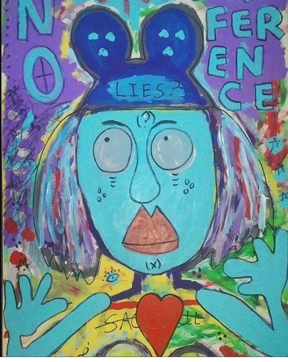 Painting of a blue faced figure wearing mouse-like ears reading Lies, with the words No Reference scrawled around the canvas in bold letters