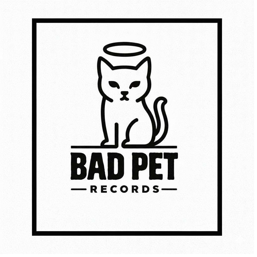 Bad Pet Records logo, a black and white line drawing of a cat with a halo above a square border