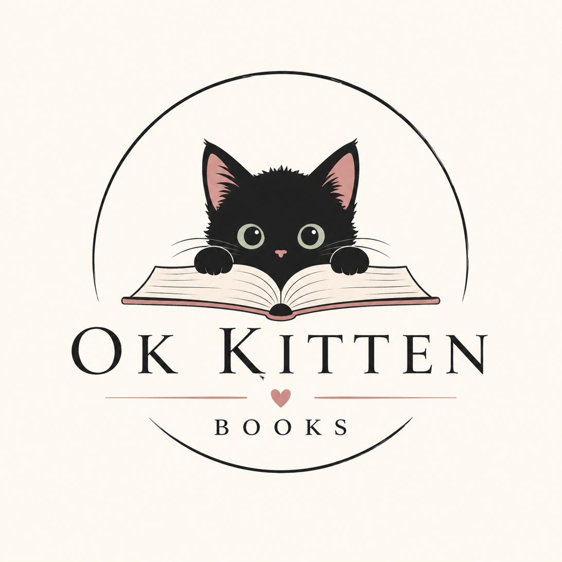OK Kitten Books logo, an illustrated black kitten resting its paws on an open book